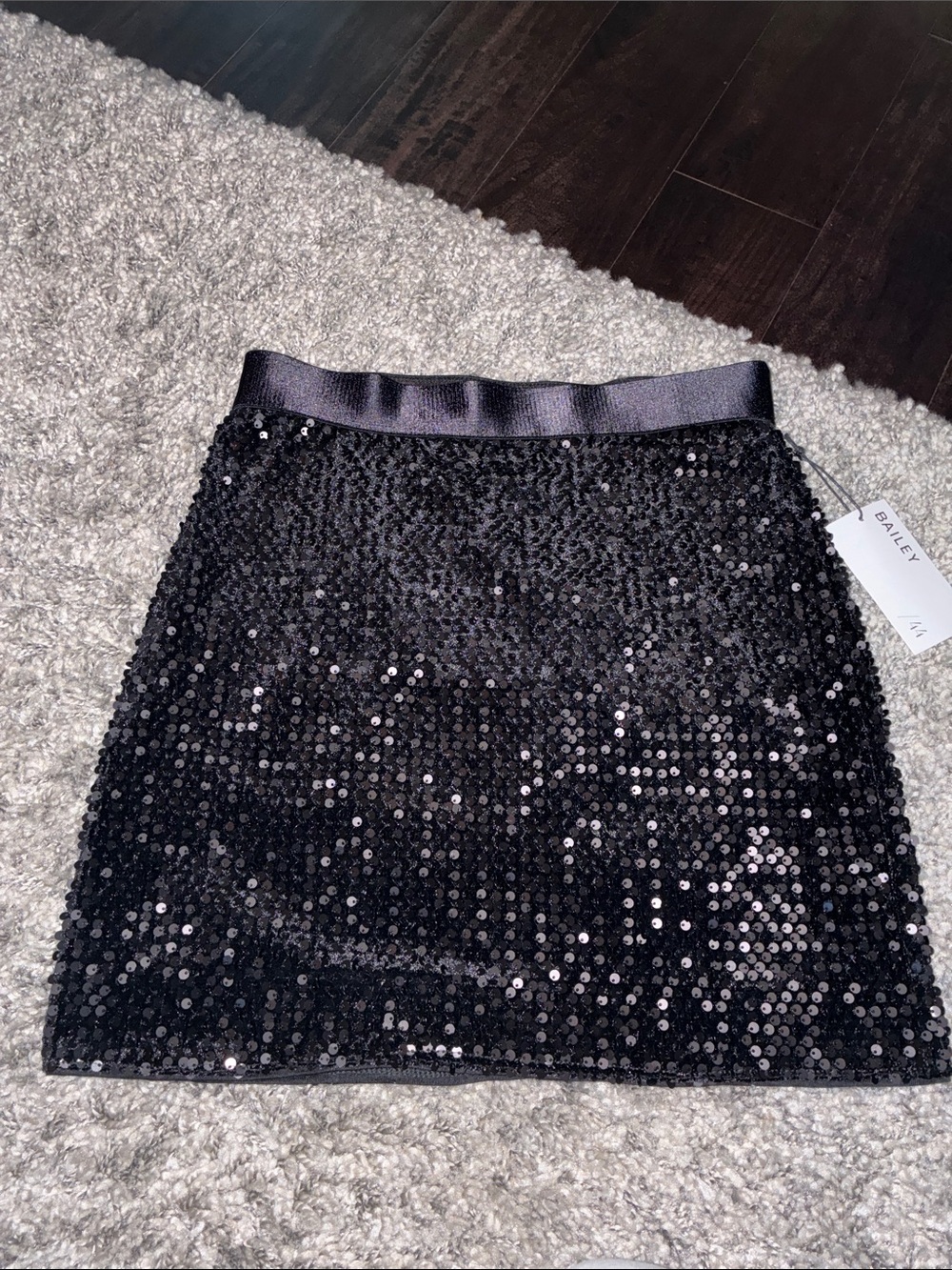 Bailey 44 Black Sequin Mini Skirt with Satin Waistband